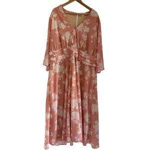 eShakti Floral V-Neck Midi Dress Pink White Roses Pleated Waist Plus Size 3X 24W